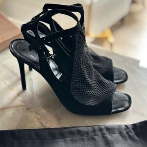 ALEXANDER WANG Womens Black Suede & Fishnet Square Toe Stiletto Sandals Size 39